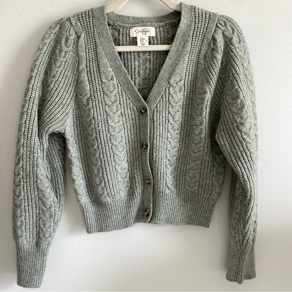Sage Green Cable Knit Cropped Cardigan Sweater Medium - Picture 1 of 8